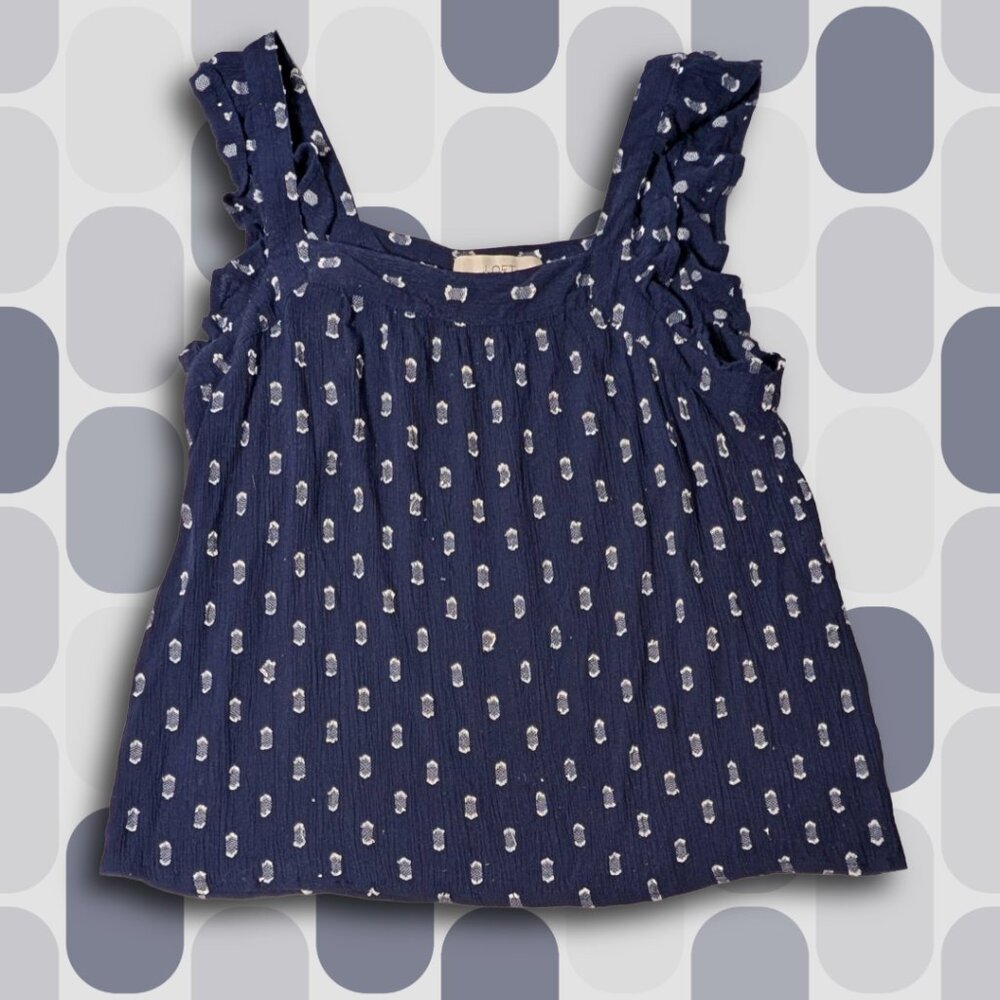 Loft sz S Ruffled Blue Tank Top with Oblong White Dots